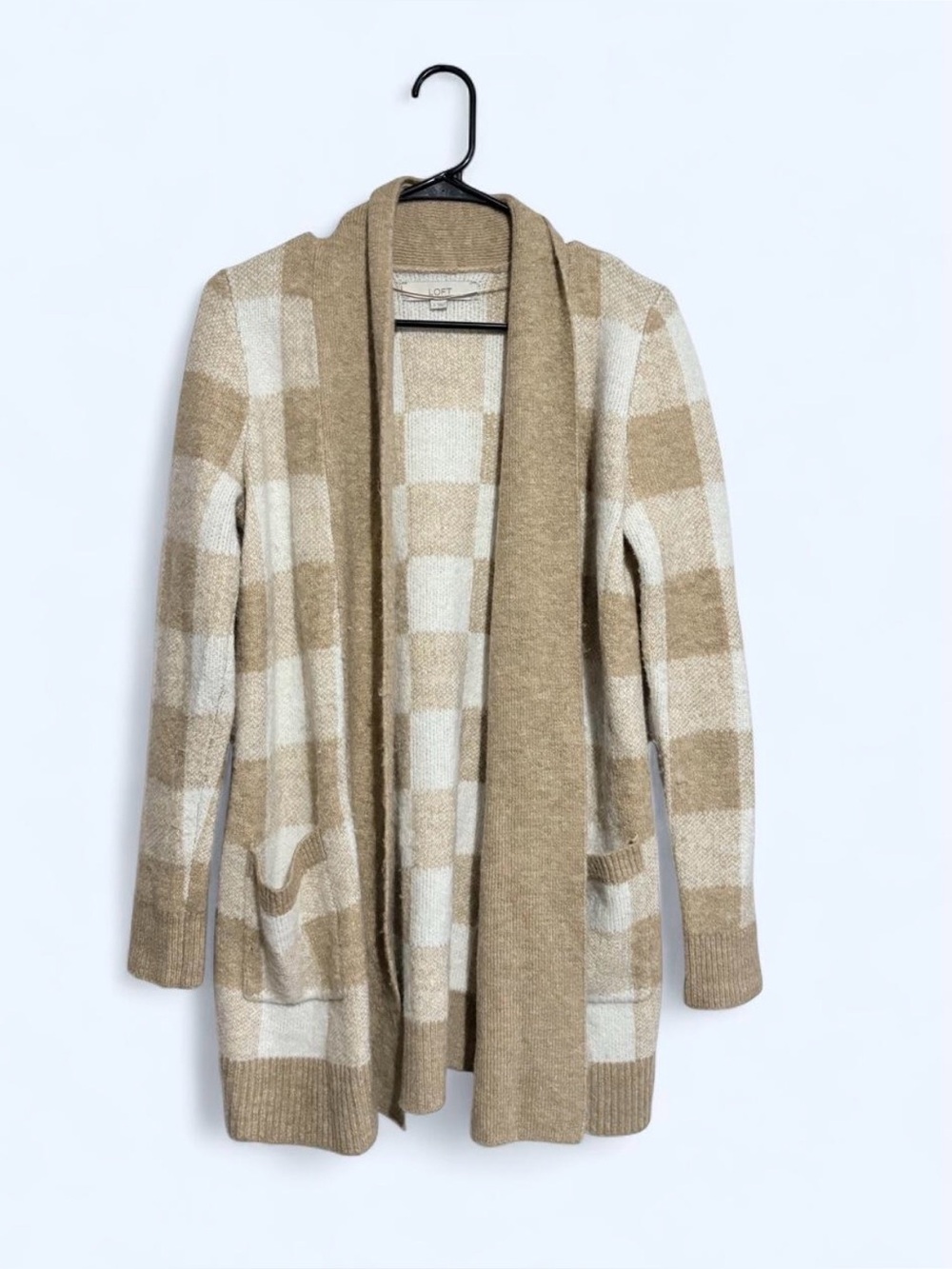 LOFT Beige and Cream Plaid Open-Front Cardigan